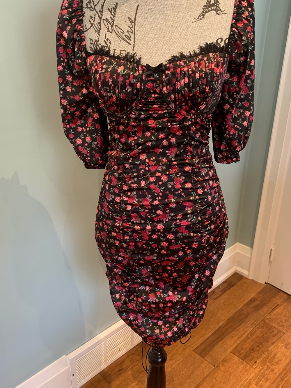 For Love & Lemons Black Dress with Pink Floral Print & Puff Sleeves